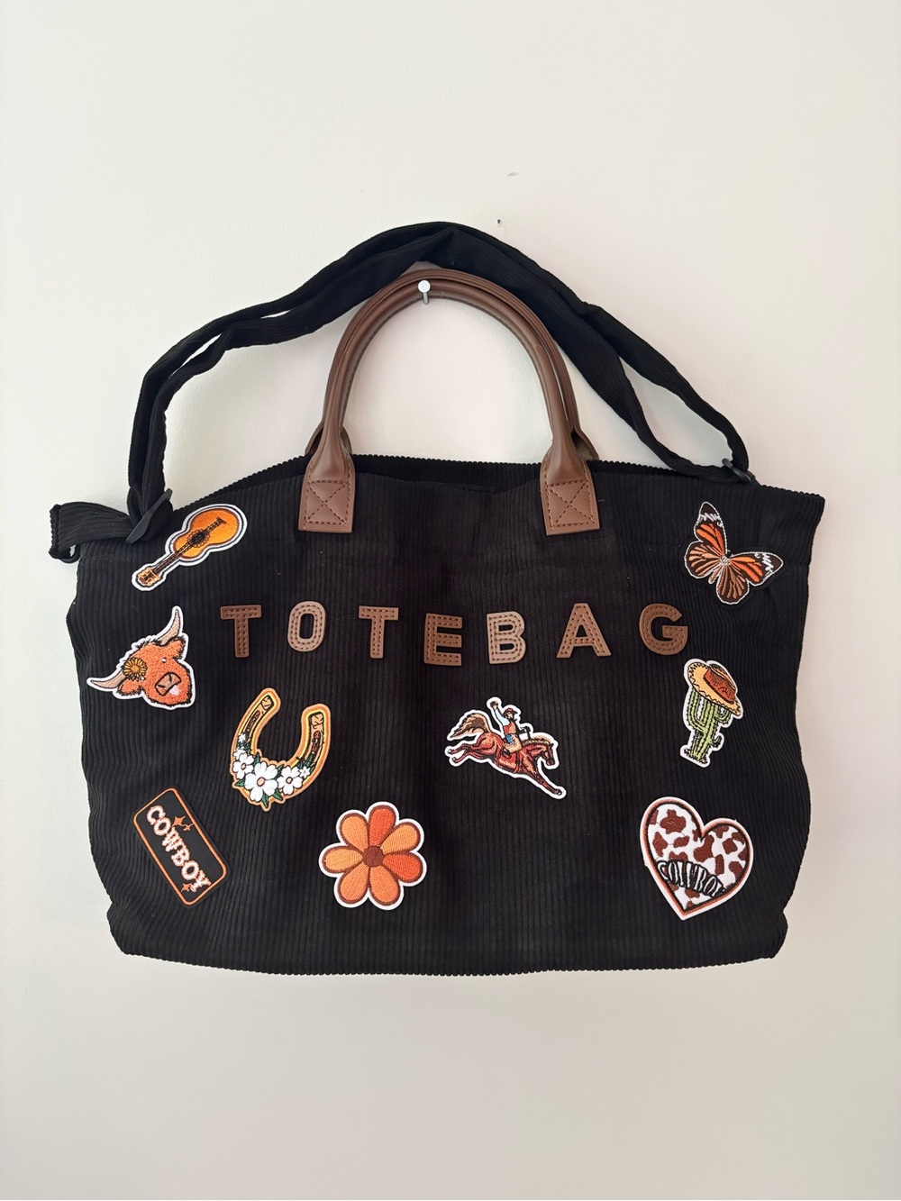 Handmade Western black corduroy  tote bag with crossbody strap